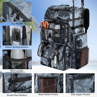 VJI Fishing Tackle Backpack with Rod Holder, Large Tactical Backpack, Fishing Gear Tackle Box Tactical Backpack, Water Resistant Sport Bag and Equipment - color: Black Camo