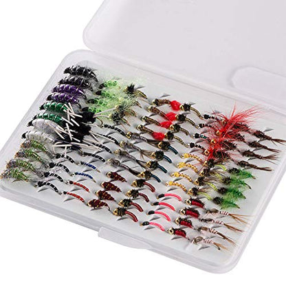 BASSDASH Fly Fishing Flies Kit Fly Assortment Trout Bass Fishing with Fly Box with Dry/Wet Flies, Nymphs, Streamers, Popper - style: 96 Pcs Nymphs Kit
