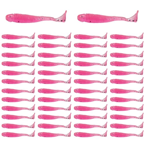 50PCS 5cm Soft Plastic Fishing Lures, PVC Paddle Tail Swimbaits for Bass Trout Walleye Crappie, T-Tail Grub Worm Baits Tackle Accessory - color: Pink