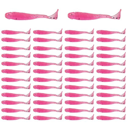 50PCS 5cm Soft Plastic Fishing Lures, PVC Paddle Tail Swimbaits for Bass Trout Walleye Crappie, T-Tail Grub Worm Baits Tackle Accessory - color: Pink