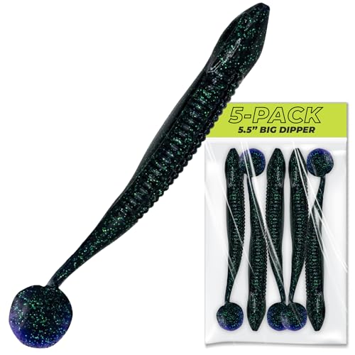 Charlie's Worms Big Dipper Scented Soft Bait for Freshwater & Saltwater Fishing, Paddle Tail Swimbait Lures, Plastic Minnows, Bass, Walleye, Trout, Snakehead, with Variety of Colors (5 Pack) - color: June Bug