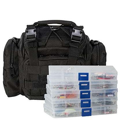 Dr.Fish Fishing Tackle Bag 5 Boxes with 60 Lures Included Loaded Stocked Tackle Box Set Spinner Lures Kit Freshwater Gear Equipment - color: Black Bag, 11.4*4.9*7.9’'