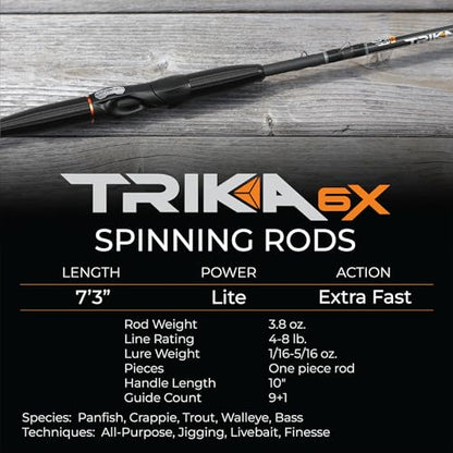 TRIKA 6X Spinning/Casting Carbon Rod Carbon Weave Rod for Extra Sensitive Vibration | Longer Casting | Lightweight Freshwater Fishing Pole - style: Spinning - 7'3" Lite Extra Fast 1 Pc.