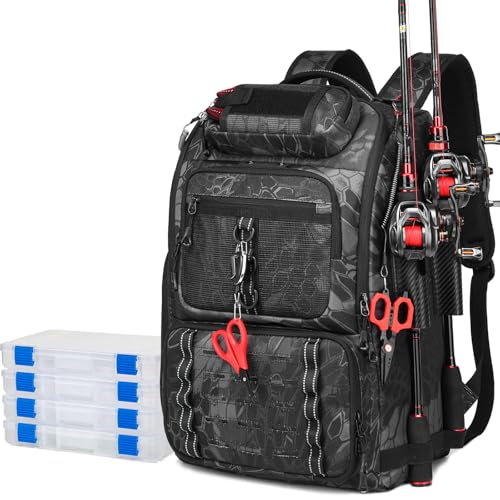 Fishing Tackle Backpack, 40L Tackle Bag with 2 Rod Holders & 4 Tackle Boxes, Water-Resistant Large Storage Fishing Gear and Equipment, Fisher Gifts for Men, Black Camo - color: B-Black Camo with 4 Tackle Boxes
