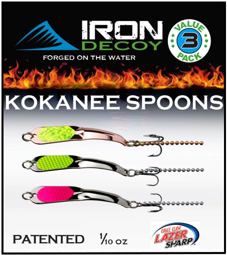 IRON DECOY Spoon Fishing Lures 3-Pack, Multi-Species Metal Spoons for Trout, Walleye, Bass, Salmon, Pike, Ice Fishing & Trolling, Vibrating Spoon Lure Kit - color: Kokanee, 1/10 oz