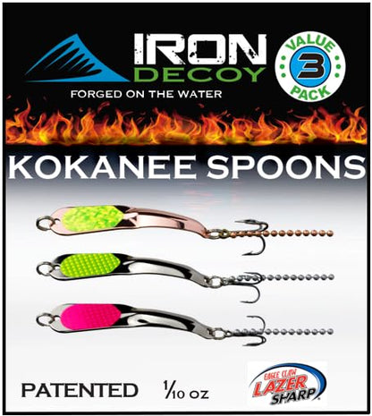 IRON DECOY Spoon Fishing Lures 3-Pack, Multi-Species Metal Spoons for Trout, Walleye, Bass, Salmon, Pike, Ice Fishing & Trolling, Vibrating Spoon Lure Kit - color: Kokanee, 1/10 oz