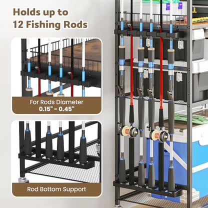 Kikihouse 4-Tier Heavy Duty Fishing Rod Holders for Garage with Pegboard and Hooks, 65.7" Lockable Wheels Fishing Rod Rack Storage Up to 12 Rods, Fishing Pole Stand for Fishing Gear & Equipment
