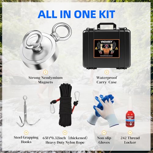 VNDUEEY 1000LBS Magnet Fishing Kit, 2.95" Double Hole Fishing Magnet Kit with Rope, Strong Magnets for Retrieving in River Lake Beach Lawn, Includes 65Ft Rope, Carabiner, Gloves, Grappling Hook, Case - size: 2.95" 1000LBS, style: Double Hole Kit with Case