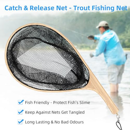 Jojoka Wooden Fly Fishing Landing Net, Curved Ergonomic Handle, Rubber-Coated Deep Mesh, Fish-Friendly Catch & Release, Lightweight Portable for Trout Freshwater Saltwater, with Lanyard & Carabiner