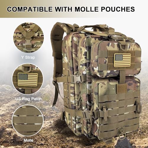 Hannibal Tactical MOLLE Assault Backpack, Tactical Backpack Military Army Camping Rucksack, 3-Day Pack Trip w/USA Flag Patch, D-Rings Cp - color: Camouflage