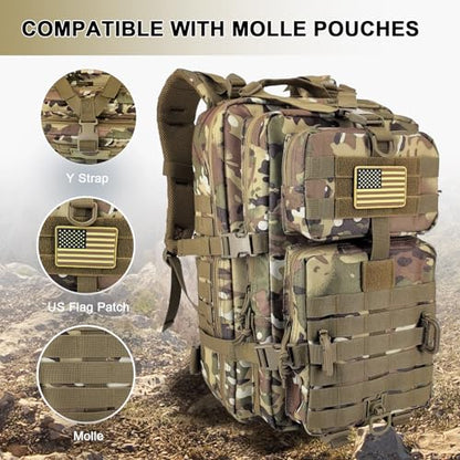 Hannibal Tactical MOLLE Assault Backpack, Tactical Backpack Military Army Camping Rucksack, 3-Day Pack Trip w/USA Flag Patch, D-Rings Cp - color: Camouflage