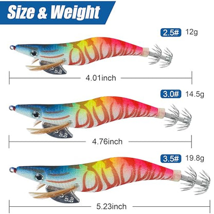 Glow Squid Jig Saltwater Squid Lures, 5/10pcs Luminous Squid Jig Hooks Shrimp Prawn Lures Fluorescent Cuttlefish Sleeve Octopus Jigs Artificial Baits Night Fishing Tackle Size 2.5# 3# 3.5# - size: 2.5#-5pcs
