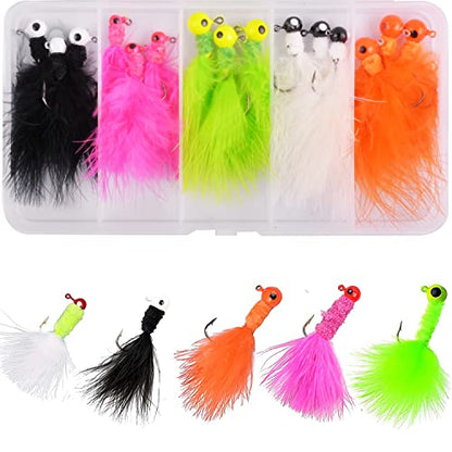 Fishing Jig Heads Crappie Jigs, 25pcs Marabou Jigs Lures Round Ball Head Jig Hooks Hair Jig Feather Fishing Lures for Bass Sunfish Trout Walleye Panfish 1/8oz 1/16oz 1/32oz - size: 3 Sizes Mixed-15pcs