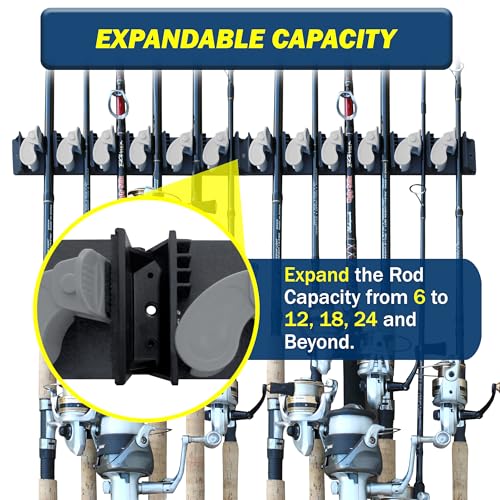 Rush Creek Creations 6-Rod Vertical Fishing Rod Holder for Garage, Heavy-Duty ABS Plastic Wall Mount Fishing Rod Rack, Securely Holds up to 6 Rods or Combos