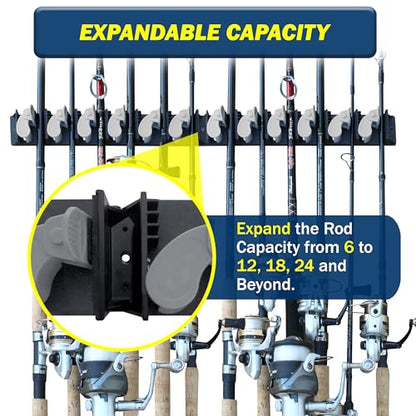 Rush Creek Creations 6-Rod Vertical Fishing Rod Holder for Garage, Heavy-Duty ABS Plastic Wall Mount Fishing Rod Rack, Securely Holds up to 6 Rods or Combos