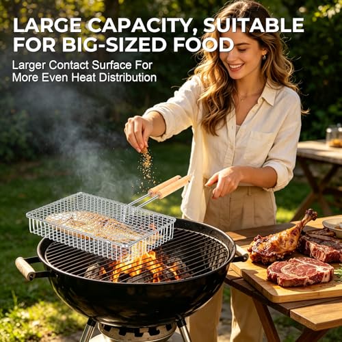 Grill Baskets for Outdoor Grill,Removable Wooden Handle and Divider Panel,BBQ Accessories for Grilling Fish,Veggies,Shrimp,Meat,Premium 304 Stainless Steel,Grilling Tools for Outdoor Cooking & Picnics,Gifts for Father’s Day,Birthday,Festival,Anniversary