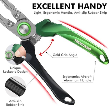 TRUSCEND Easy Use Lockable Fishing Pliers with Tungsten Carbide Cutter, Innovative Ergonomic Handy Handle, Saltwater Corrosion Resistant Teflon Coated Fishing Tool, Light Multi-Function Fishing Gear - color: A1-green