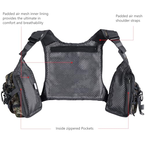 BASSDASH FV08 Ultra Lightweight Fly Fishing Vest for Men and Women Portable Chest Pack - color: Grunge Camo