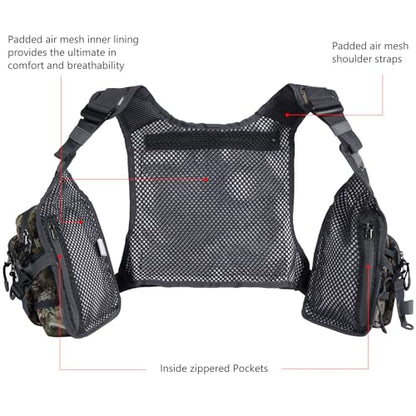 BASSDASH FV08 Ultra Lightweight Fly Fishing Vest for Men and Women Portable Chest Pack - color: Grunge Camo