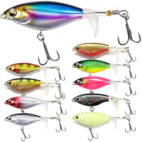 Kynzo Topwater Fishing Lures with Rotating Tail, Floating Bass Lures Hard Bait for Freshwater and Saltwater, Life-Like Surface Propeller Tail Spinner for Bass, Trout, Musky and Pike - color: A-10Pcs-lure