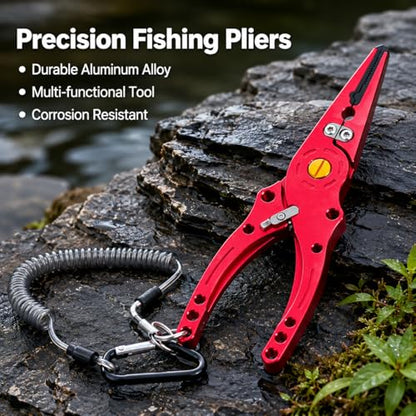 predolo Aluminum Alloy Fishing Pliers with Cutter, Hook Removal & Split Circle Tool, Nylon Sheath Included, 300g Lightweight, Red - color: Red