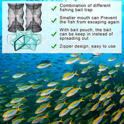 Woanger 3 Pcs Minnow Trap, Include 2 Fishing Bait Trap 1 Cylindrical Hexagon Crab Crawfish Trap, Lobster Shrimp Collapsible Cast Nets Portable Folded Fishing Accessories,12x21.65 Inches