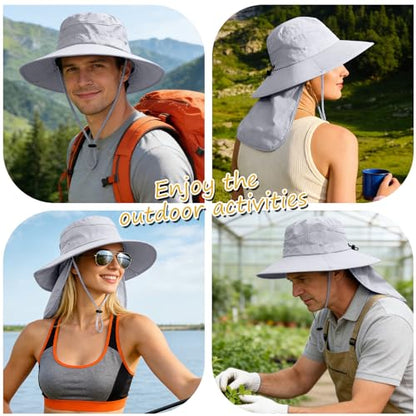 Sun Hats for Men Women, UPF50+ Protection Safari Hat,Wide Brim Fishing Hat with Neck Flap,Bucket Hats for Beach Hiking - color: Lightgrey