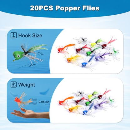 Fly Fishing Poppers Flies, Fly Popper Lures Bass Bluegill Crappie Trout Salmon Panfish Perch Popper Flies Kit for Fly Fishing - color: 20pcs Popper Flies Kit