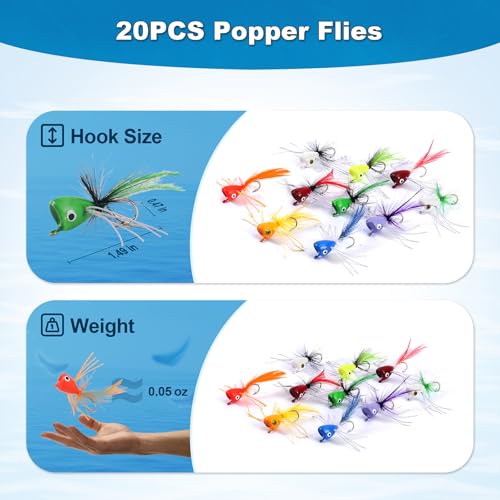 Fly Fishing Poppers Flies, Fly Popper Lures Bass Bluegill Crappie Trout Salmon Panfish Perch Popper Flies Kit for Fly Fishing - color: 20pcs Popper Flies Kit