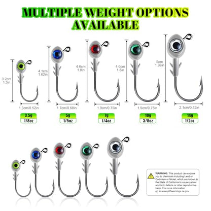 3D Fish Eye Jig Heads, 5 Colors with Lifelike Eyes, Multi Weights, Barbed Fishing Hooks for Walleye Bass Crappie - size: 10g(3/8oz)-25pcs
