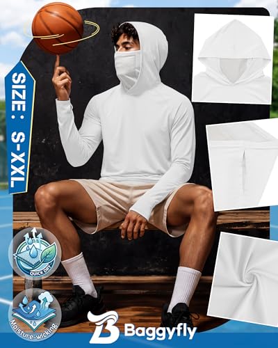 Men's UPF 50+ Sun Protection Hoodies Mask Long Sleeve Thumbholes Lightweight Dry Rash Guards Running Fishing Shirts - color: Natural White, size: Small