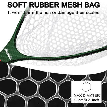 Aventik Fly Floating Fishing Net Carbon Fiber Landing Trout Net Light Weight Clear Rubber Ghost Net Catch & Release - color: ONLY Long Handle Green Net