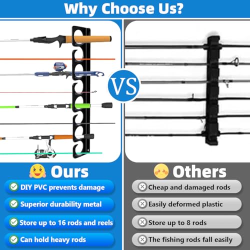 Wall or Ceiling Fishing Rod Storage Rack Vertical Horizontal Holder with 16 Capacity Fishing Rods Reels Mounted Roof Carrier Hooks Hanger for Garage Cabin and Basement Gear Accessories - style: Store 16 Rods
