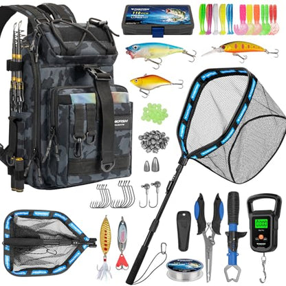 THKFISH Telescoping Fishing Rod and Reel Combo with Backpack, Carbon Fiber Travel Fishing Pole Spinning Reel Kit with Fishing Lures, Fishing Tools Kit for Men - color: Camo Backpack With Fishing net, size: 39IN