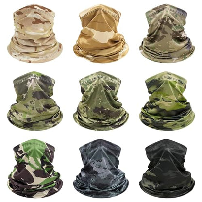 9 Pieces Men Balaclava Neck Gaiter Face Mask Summer Sun Protection Cooling Breathable Head Cover Scarf Bandana - color: Military Camouflage