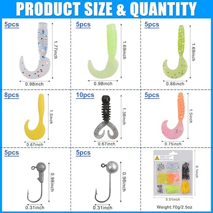 Soft Plastic Fishing Lures Grub Lures Jig Head Hooks Kit Crappie Jigs Grub Tail Worm Lure Tube Baits for Bass Trout Crappie Panfish Saltwater Freshwater Fishing - color: 48pcs Kit