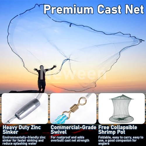 Neween Cast Net for Fishing with Shrimp Cage, American Freshwater Saltwater 3/4/5/6/7/8/9/10Ft Radius Casting Net Bait Trap Fish, Heavy Duty Zinc Sinker, 3/8 Inch Mesh Size - style: 8ft (240cm) Radius