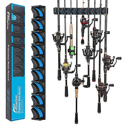 PLUSINNO Vertical Fishing Rod Holder, Wall Mounted Fishing Rod Rack, Fishing Pole Holder Holds Up to 9 Rods or Combos, Fishing Rod Holders for Garage, Fishing Gear and Gifts for Men - style: Blue 1-pack (store 9 combos)
