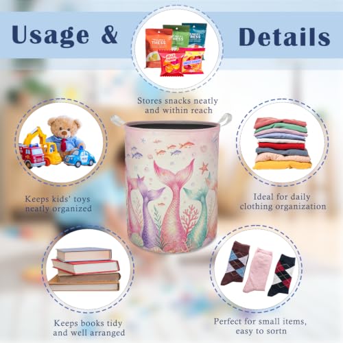 Pink Coastal Mermaid Laundry Basket Hamper,14.2"x14.2"x17.7" | Coastal Beach Mermaid Clothes Toys Books Waterproof Foldable Laundry Basket for for girls Kids Bedroom Bathroom Playroom - color: PINKMER