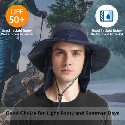 Sun Hats for Men Women, UPF 50+ Waterproof Bucket Hat, Wide Brim Fishing Hat with Removable Face Cover & Neck Flap - color: Dark Grey
