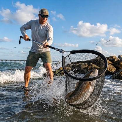 Rubber Fishing Net with Telescoping Handle, 100” Extendable Landing Net for Boat & Kayak, Large Heavy Duty Fish Net, Zip-Off Replacement Rubber Mesh, Stainless Steel Pole for Saltwater