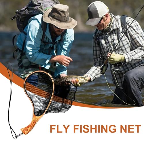 Fishing Landing Net Wooden Handle Black Mesh Catch-Release | Trout Net for Fishpond Bass Fishing