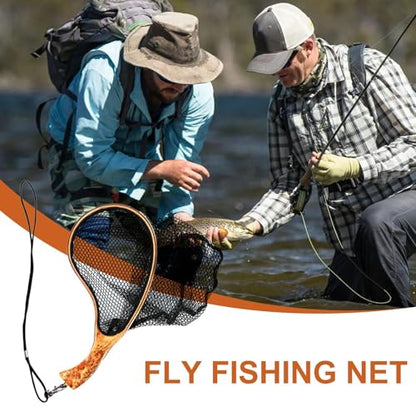Fishing Landing Net Wooden Handle Black Mesh Catch-Release | Trout Net for Fishpond Bass Fishing