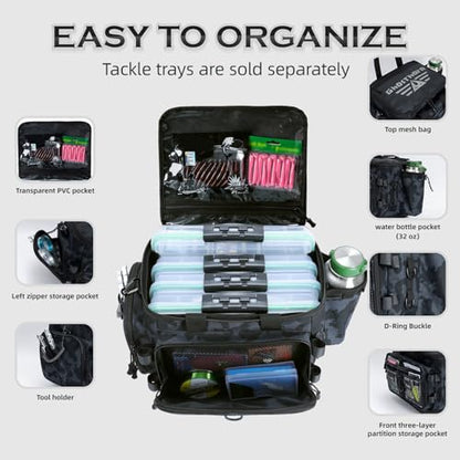 Ghosthorn Fishing Tackle Bag with Rod Holder Saltwater & Freshwater Resistant Tackle Box Bag - Waterproof Base, Adjustable Padded Shoulder Strap (Black Camouflage) - color: Black MiCai-Waterproof Bottom, size: Standard