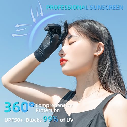 ROCKBROS UV Protection Gloves Soft Thin Women’s Sunscreen Gloves Anti-Skid Ice Silk Gloves with Removable Fingertips for Cycling Driving Running - color: blak