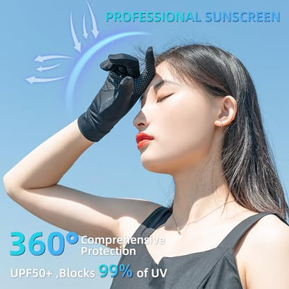 ROCKBROS UV Protection Gloves Soft Thin Women’s Sunscreen Gloves Anti-Skid Ice Silk Gloves with Removable Fingertips for Cycling Driving Running - color: blak
