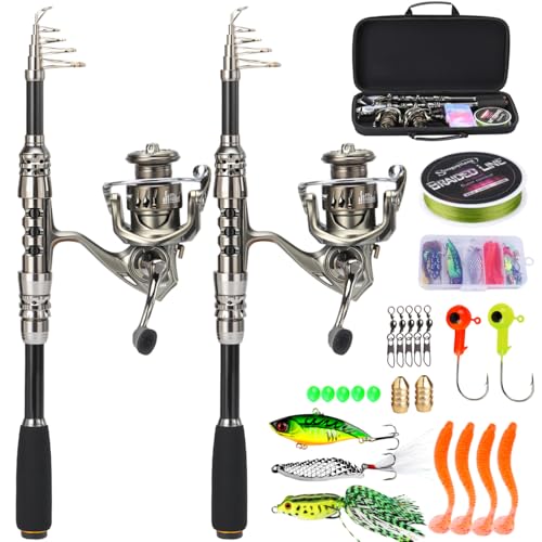 Sougayilang Fishing Rod and Reel Combo – 5.9FT Telescopic Carbon Fiber Fishing Pole with 12+1 BB Spinning Reel, Saltwater Freshwater Kit - color: 2PACK- 5.9FT Full Kit with Carrier Case