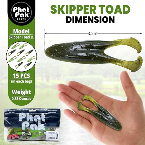 Phat Pak Baits - Skipper Toad Jr Zoom Horny Toad Style Soft Plastic Frog 3.5" 15ct Top Water Bass Fishing Lure - color: Variety Pak