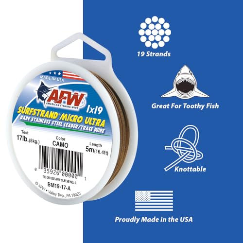 American Fishing Wire Surfstrand Micro Ultra Bare 1x19 Stainless Steel Leader Wire - Fishing Leader Line for Saltwater, 6.6lb Test - 61lb Test, Camo Color, 5m Length - style: 35 Lb / 5 M