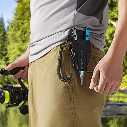 Piscifun Saltwater Fishing Pliers, Aluminum, Split Ring, Braid Cutter | Hook remover, tungsten carbide blade, spring-loaded jaws, ergonomic grip, sheath and lanyard - color: Blue, style: Rubber Sheath